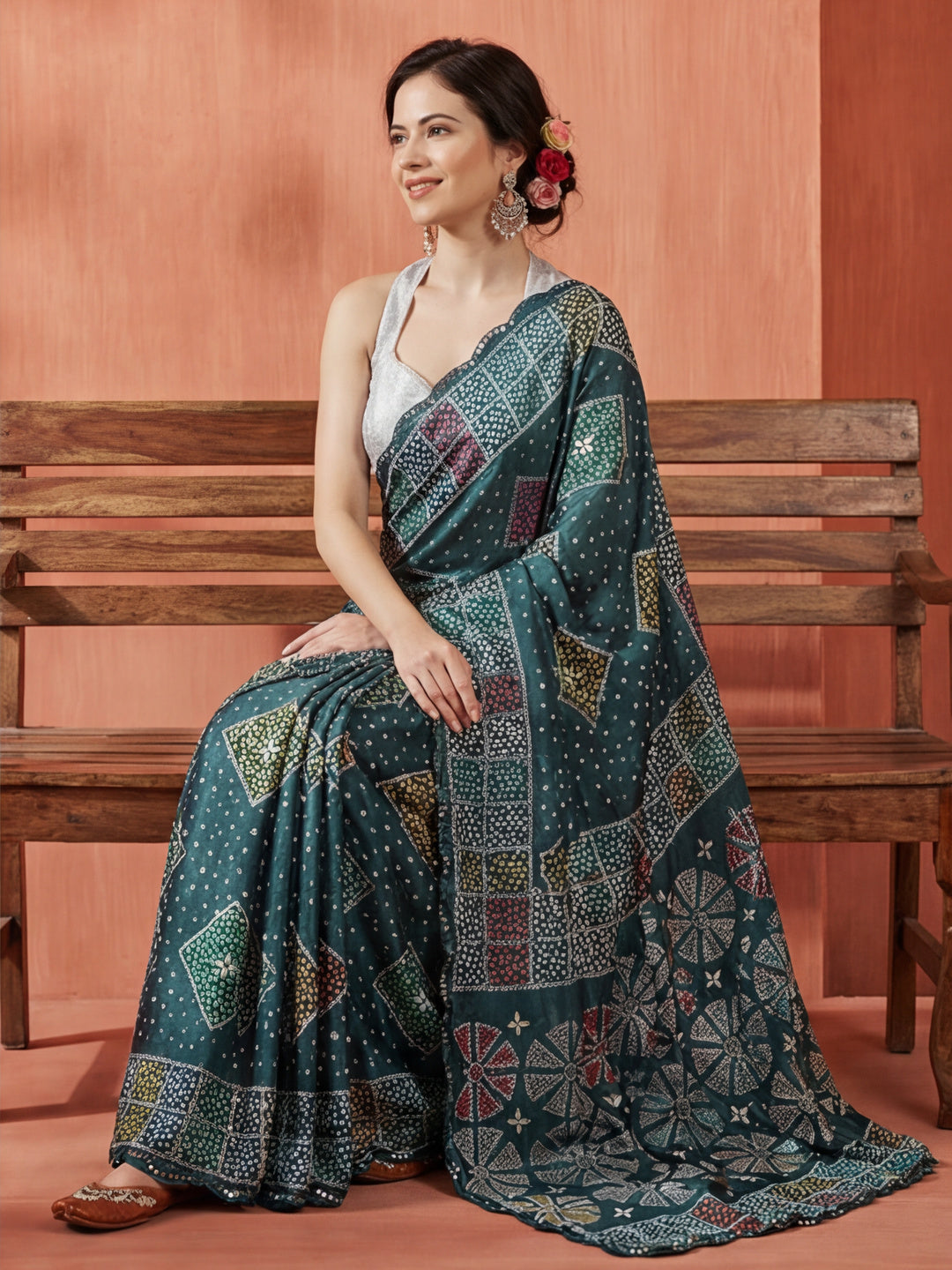 Multicolor Geometric Printed Mirror Work Satin Saree