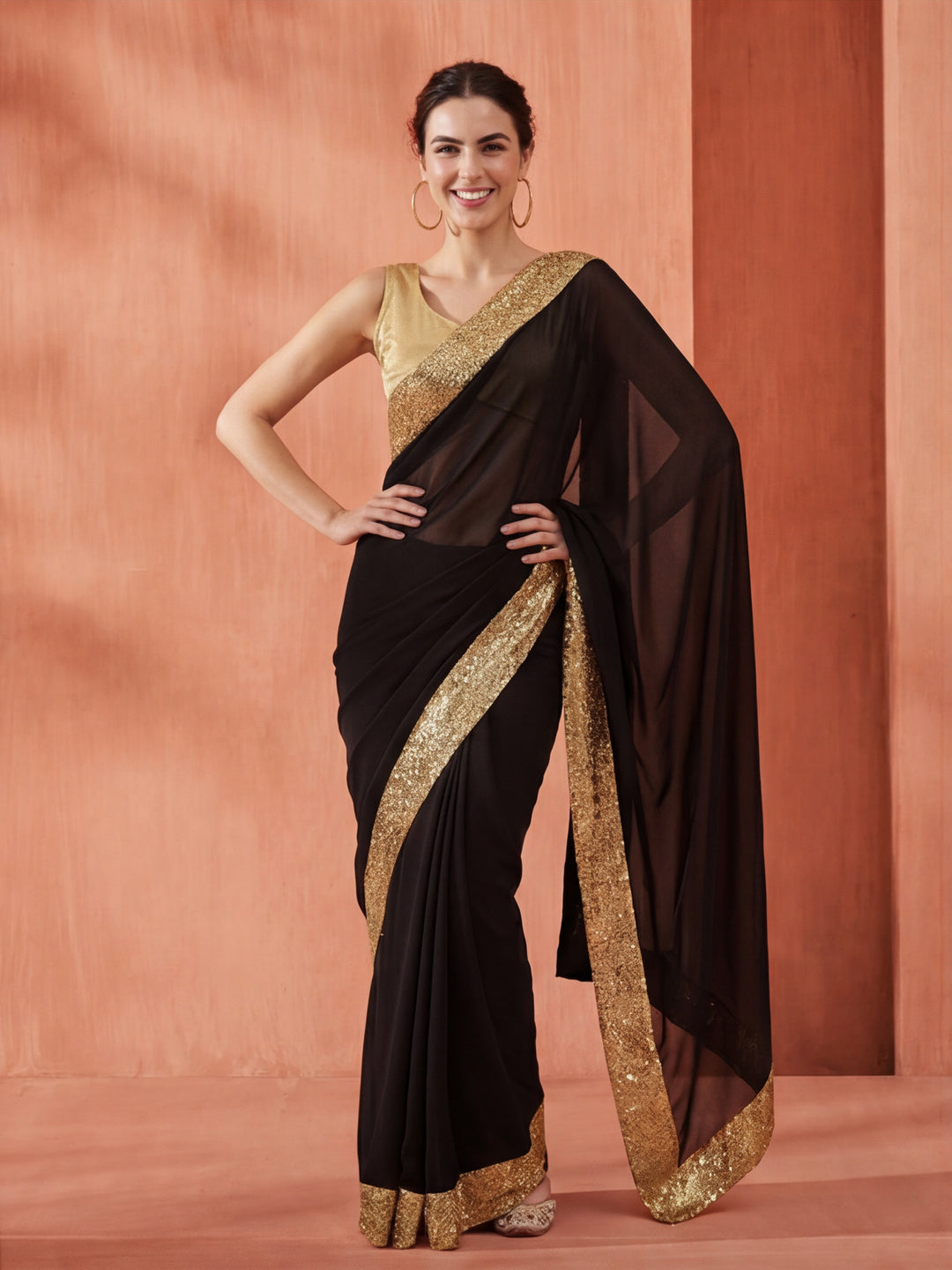 Sequin Embroidered Georgette Party Wear Black Saree