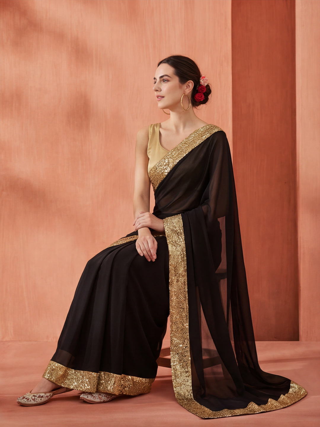 Sequin Embroidered Georgette Party Wear Black Saree