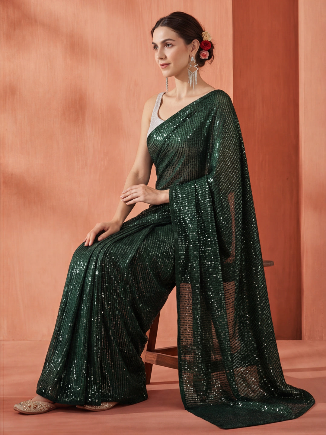 Sequin Embroidered Party Wear Tissue Saree