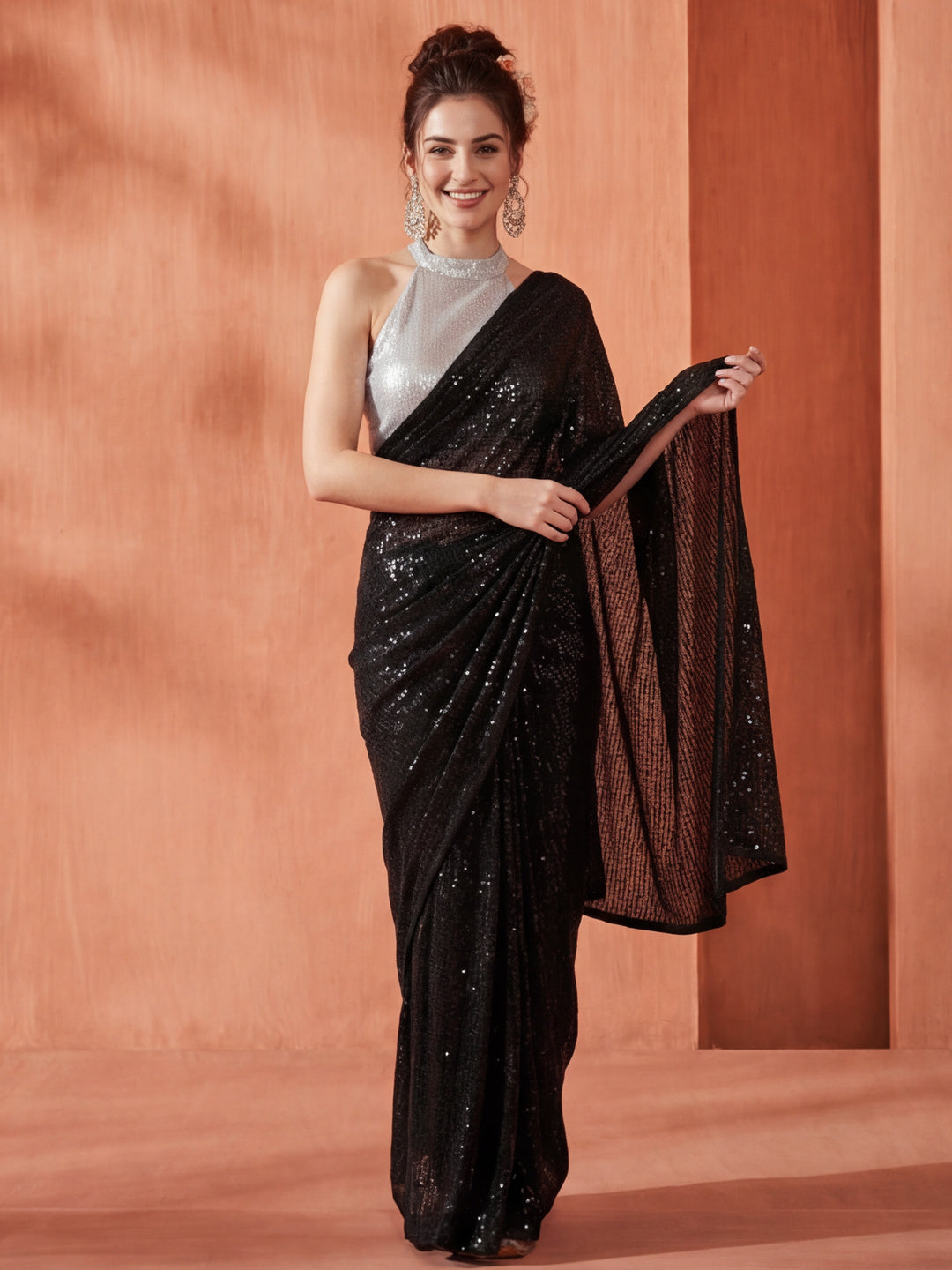 Sequin Embroidered Party Wear Black Tissue Saree
