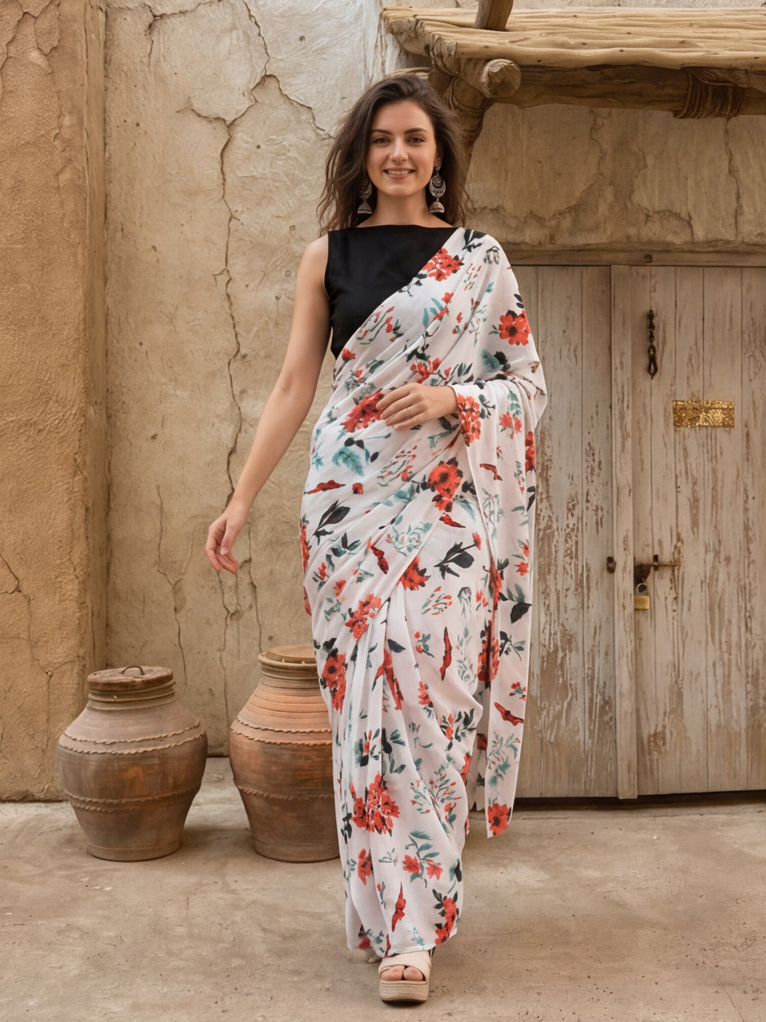 Floral Printed Pure Cotton Saree With Unstitched Blouse