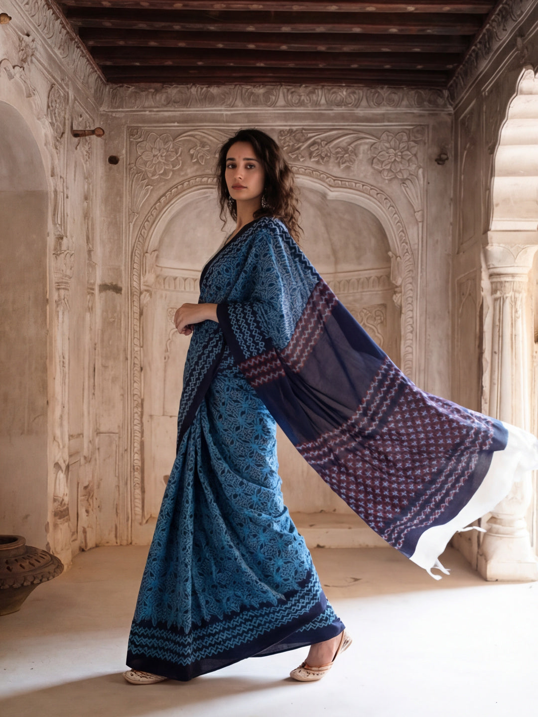 Floral Printed Pure Cotton Saree With Unstitched Blouse