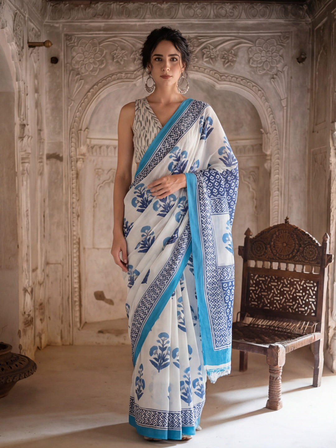Floral Printed Pure Cotton Saree With Unstitched Blouse