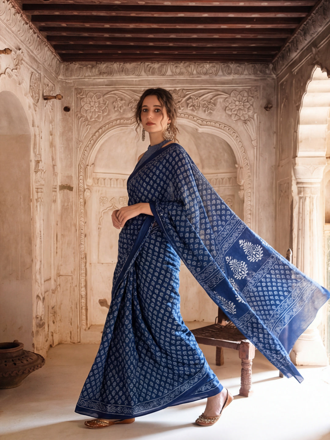 Floral Printed Pure Cotton Saree With Unstitched Blouse