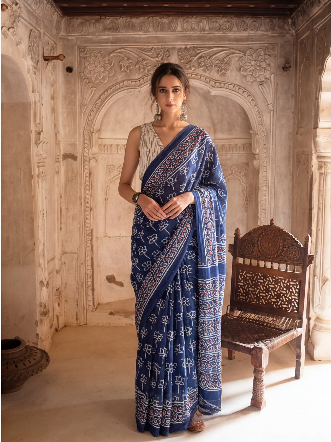 Floral Printed Pure Cotton Saree With Unstitched Blouse