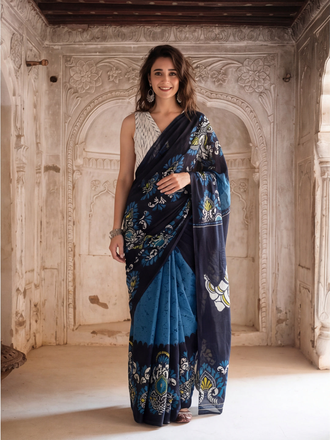 Floral Printed Pure Cotton Saree With Unstitched Blouse