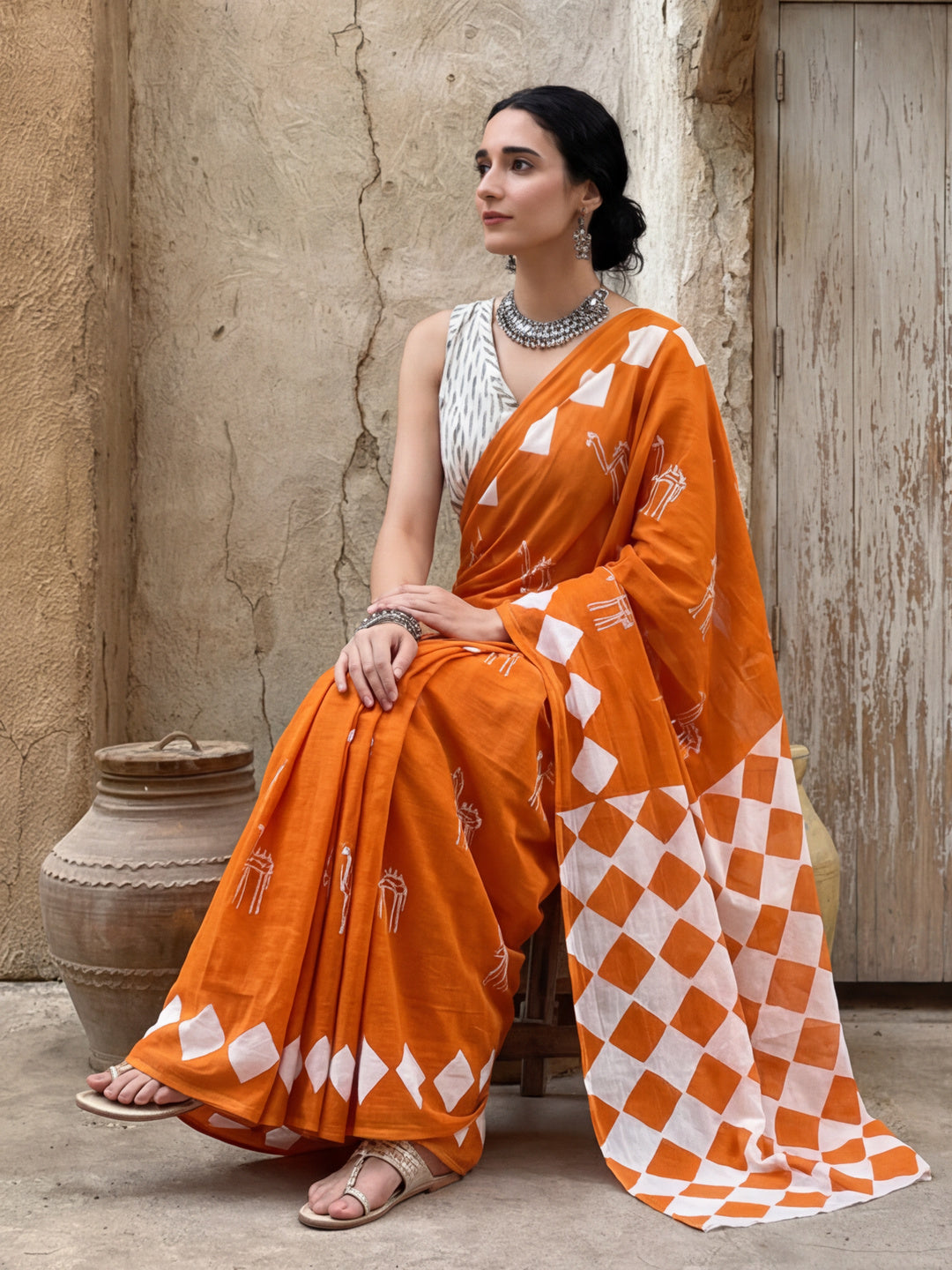 Mulmul Cotton Geometric Printed Saree
