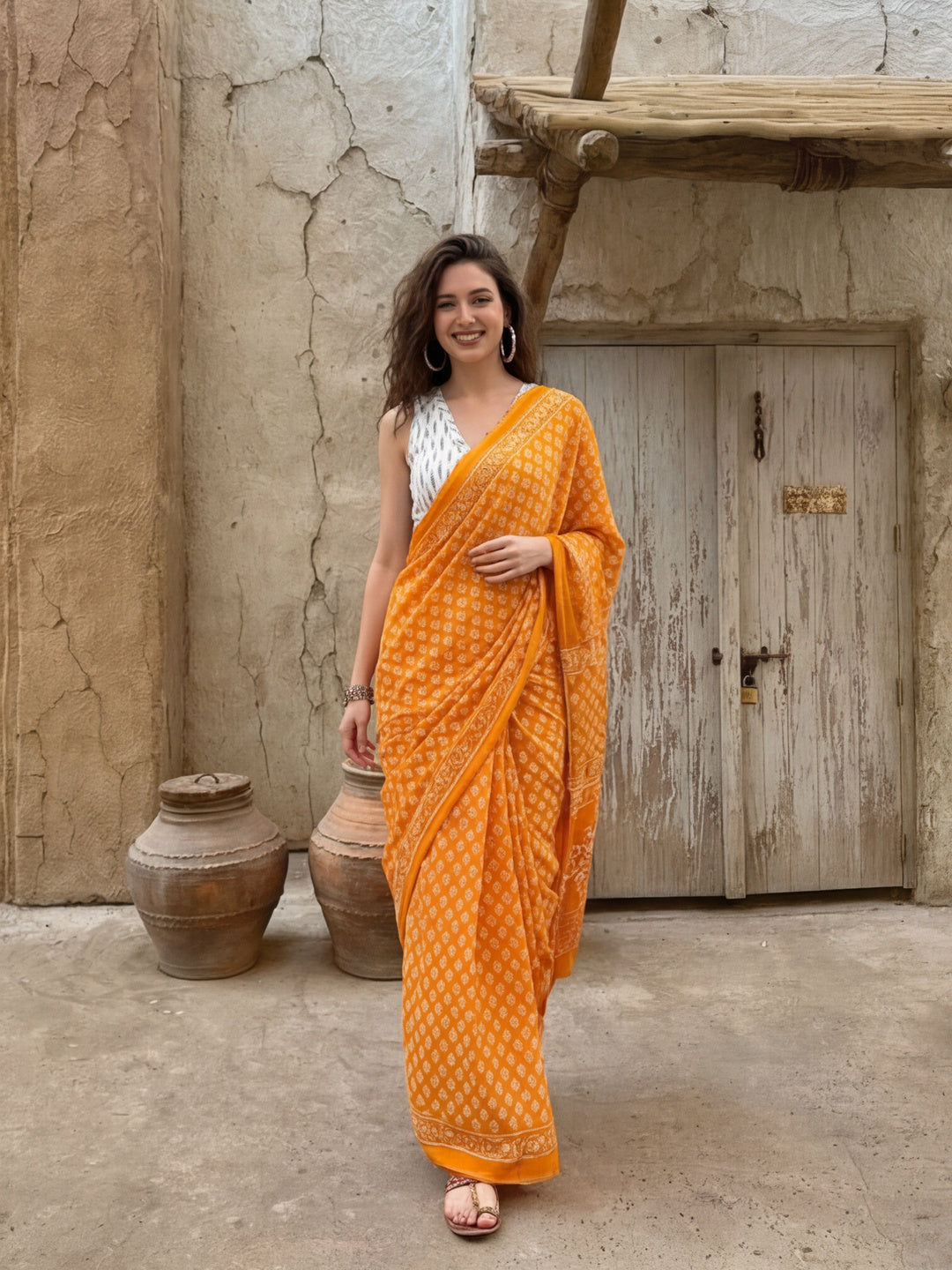 Floral Printed Pure Cotton Saree With Unstitched Blouse