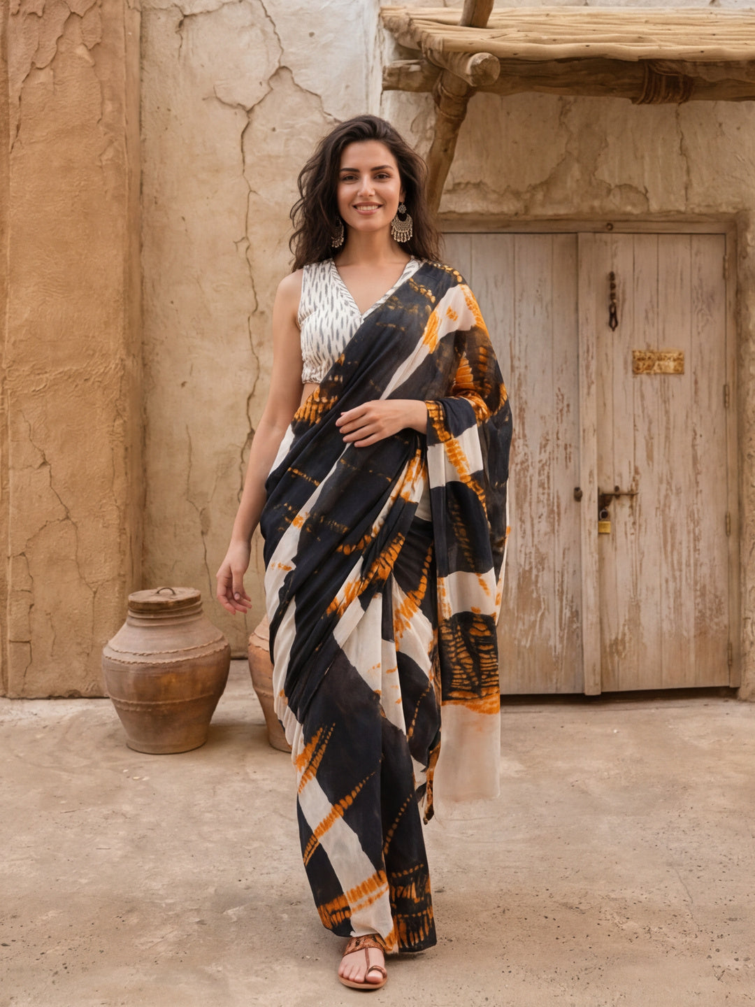 Tie and Dye Printed Pure Cotton Saree With Unstitched Blouse