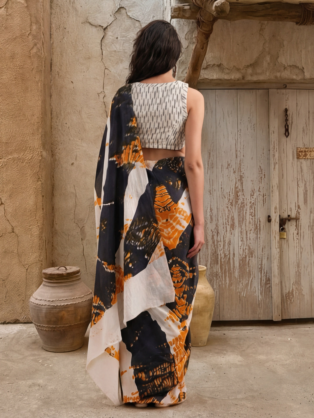 Tie and Dye Printed Pure Cotton Saree With Unstitched Blouse