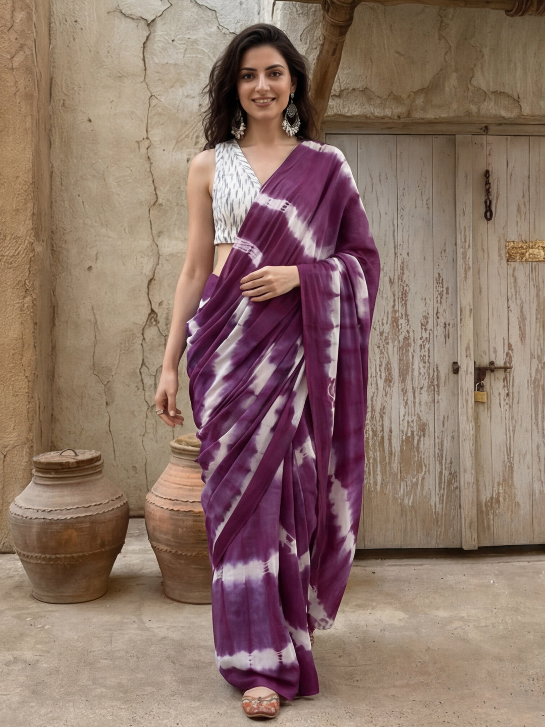 Tie and Dye Printed Pure Cotton Saree With Unstitched Blouse