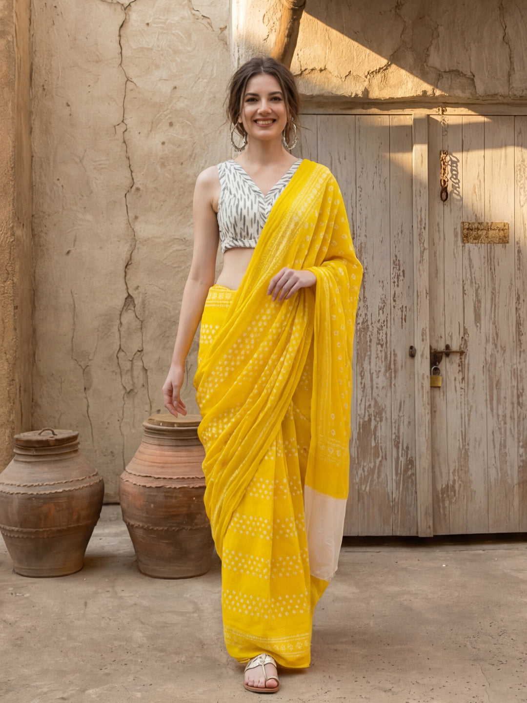 Bandhani Printed Pure Cotton Saree With Unstitched Blouse