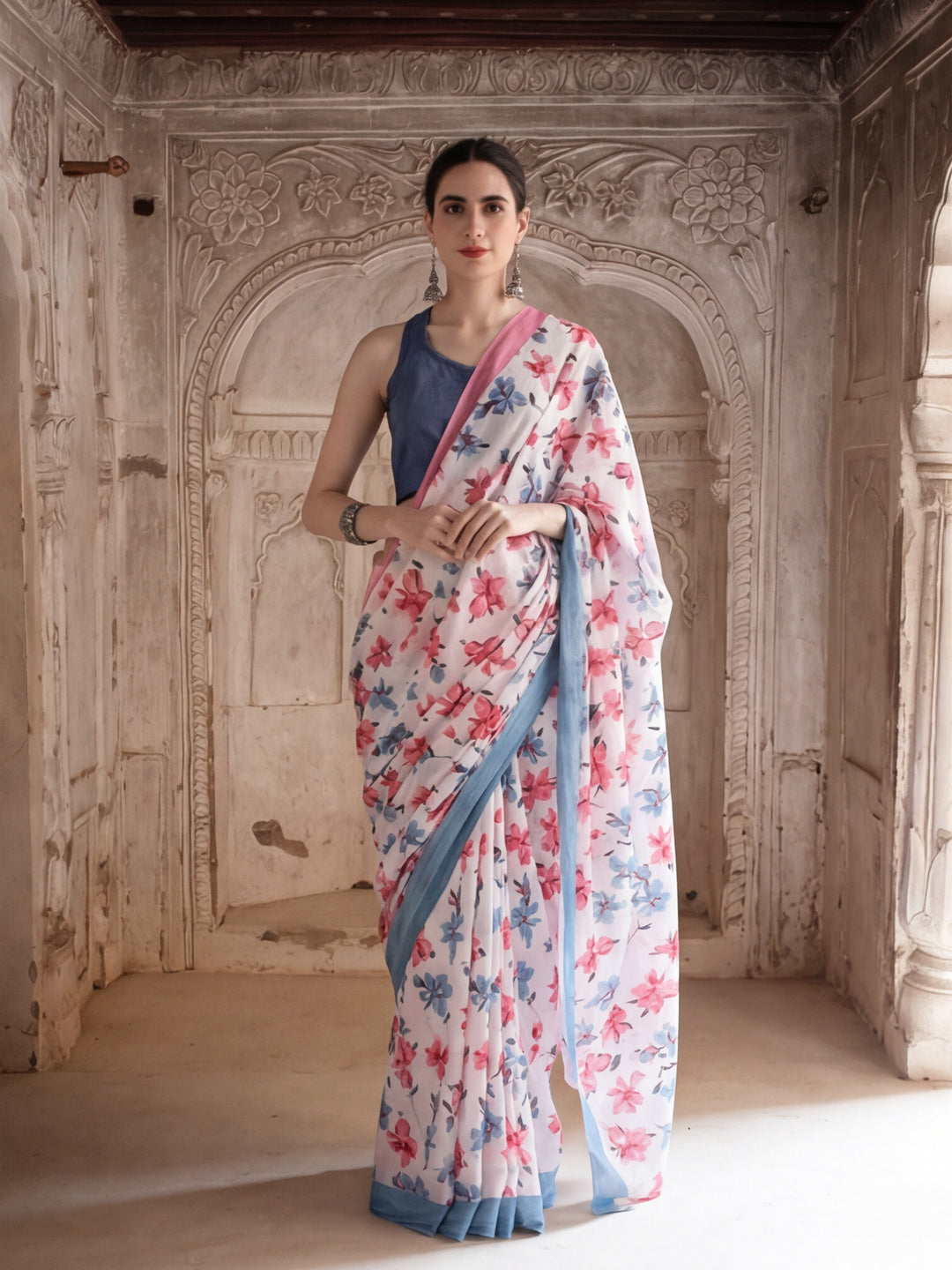 Floral Printed Pure Cotton Saree With Unstitched Blouse