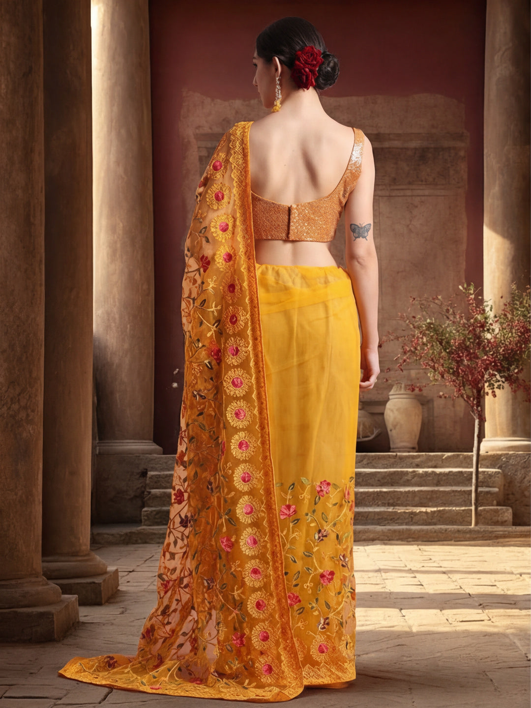 Party Wear Floral Embroidered Net Saree
