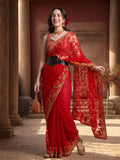 Floral Embroidered Net Red Party Wear Saree
