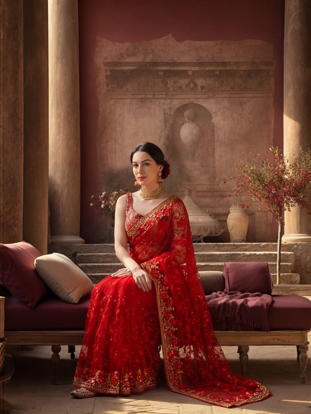 Floral Embroidered Net Red Party Wear Saree