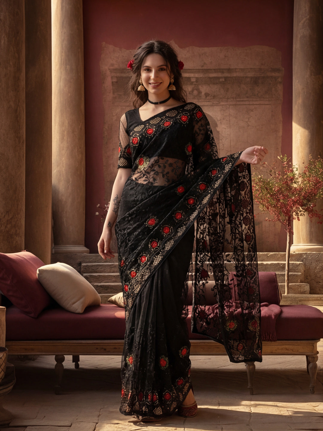 Heavy Floral Embroidered Net Party Wear Black Saree