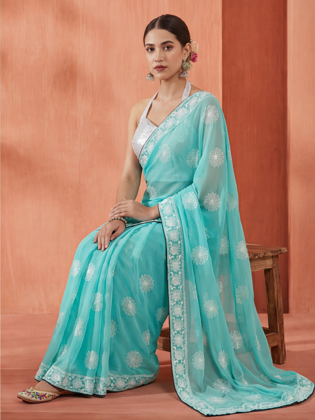 Traditional Sea Green Embroidered Pure Georgette Saree
