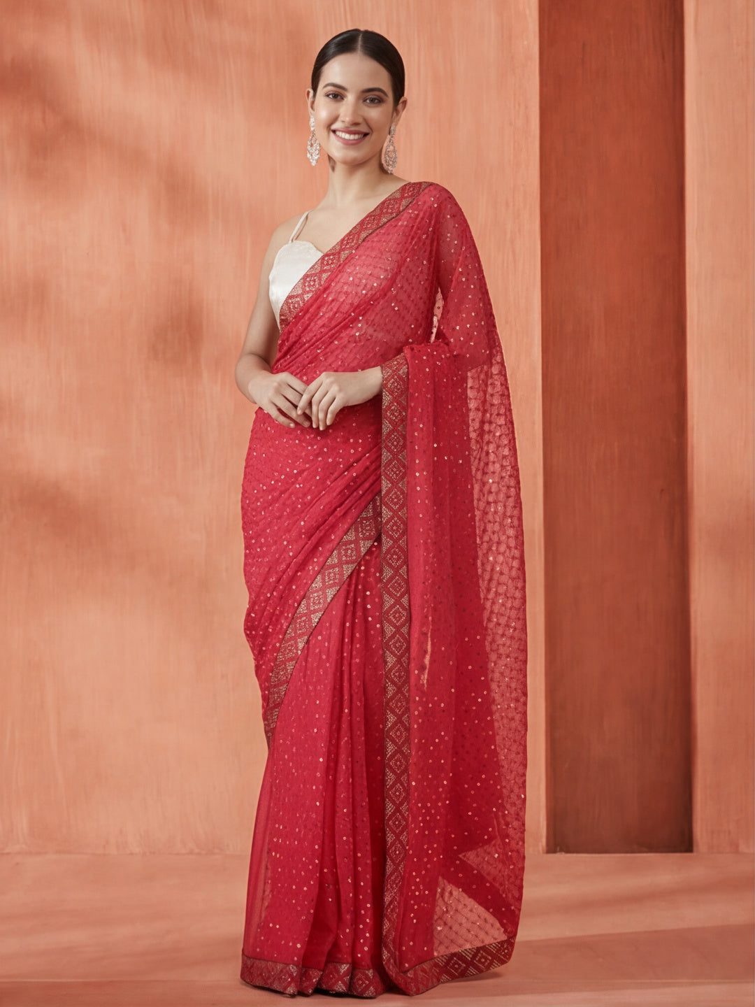 Party Wear Sequin Work Georgette Pink Saree