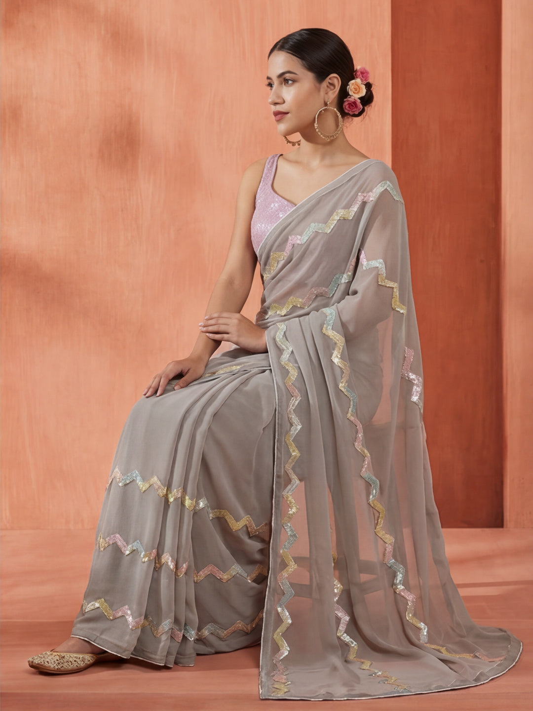 Pure Georgette Sequin Work Party Wear Saree