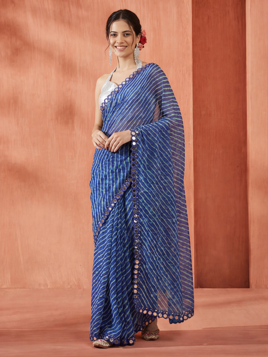 Chiffon Leheriya Mirror Work Saree