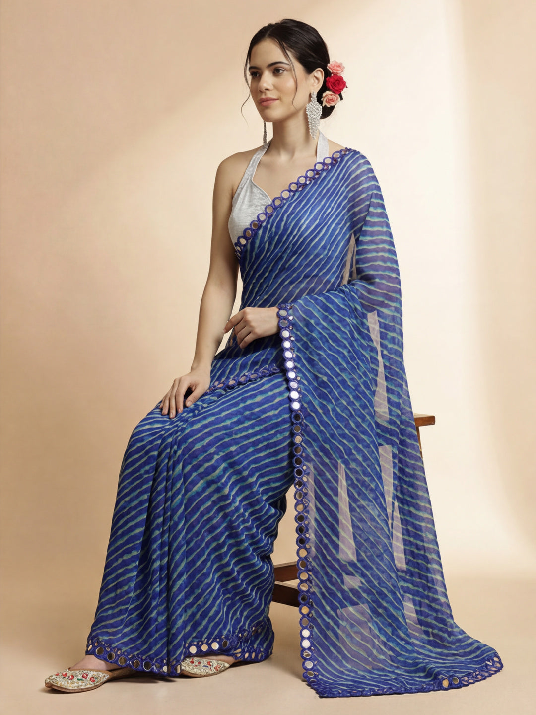 Chiffon Leheriya Mirror Work Saree