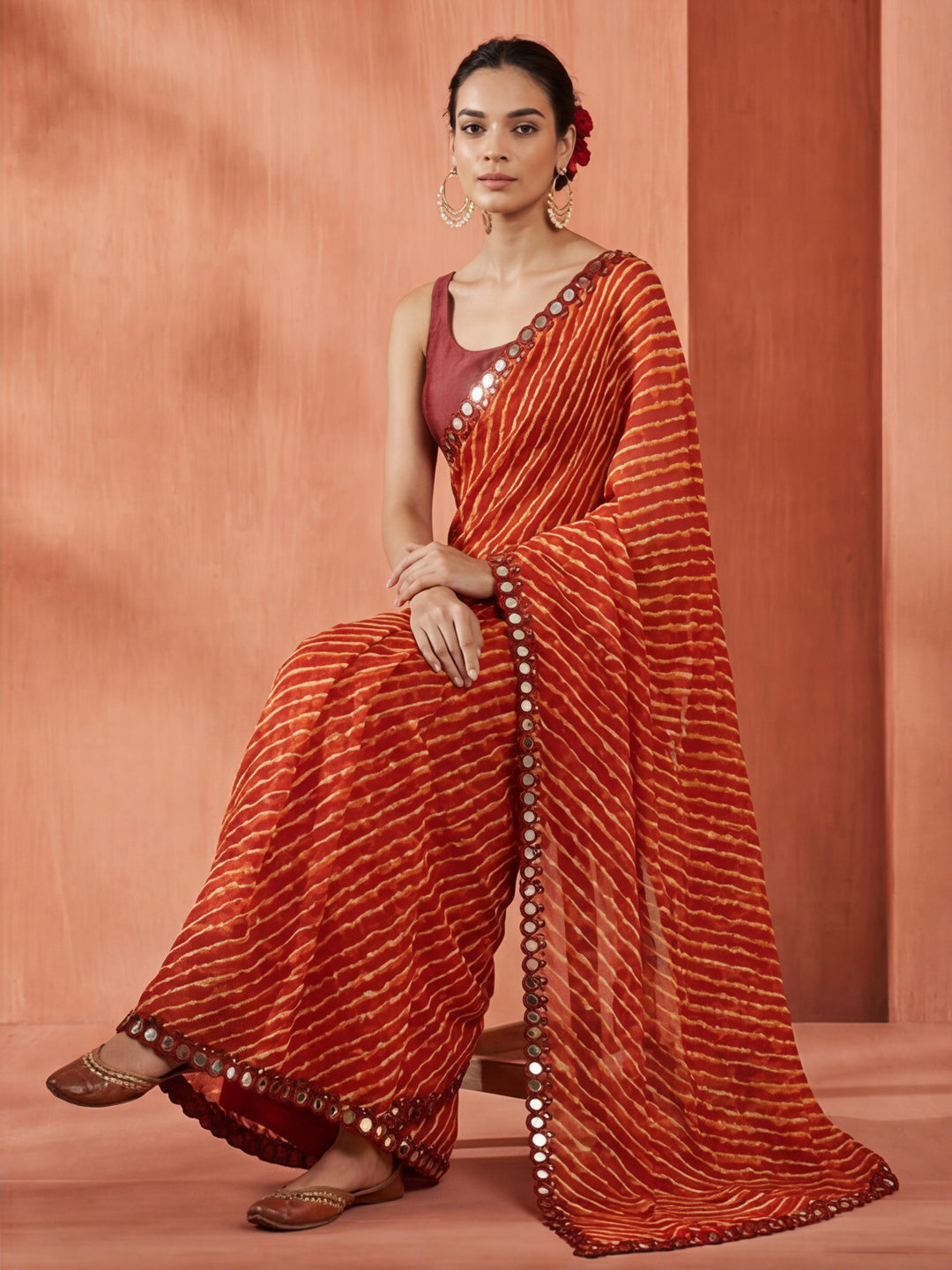 Chiffon Leheriya Mirror Work Saree