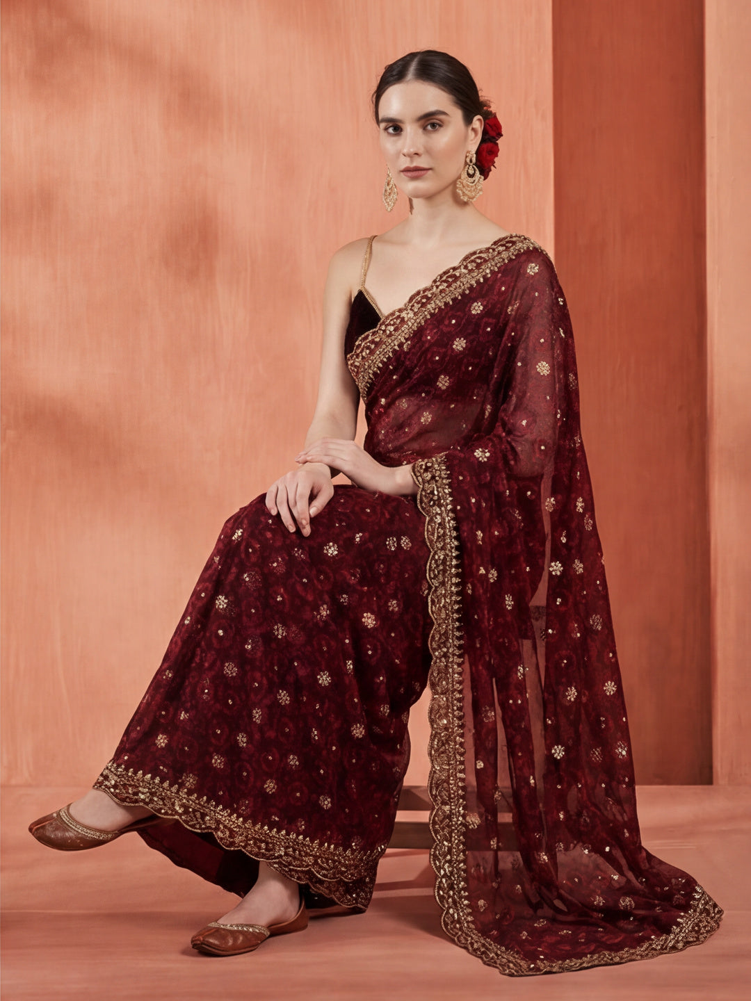 Wine Foil Printed Embroidered Pure Georgette Saree