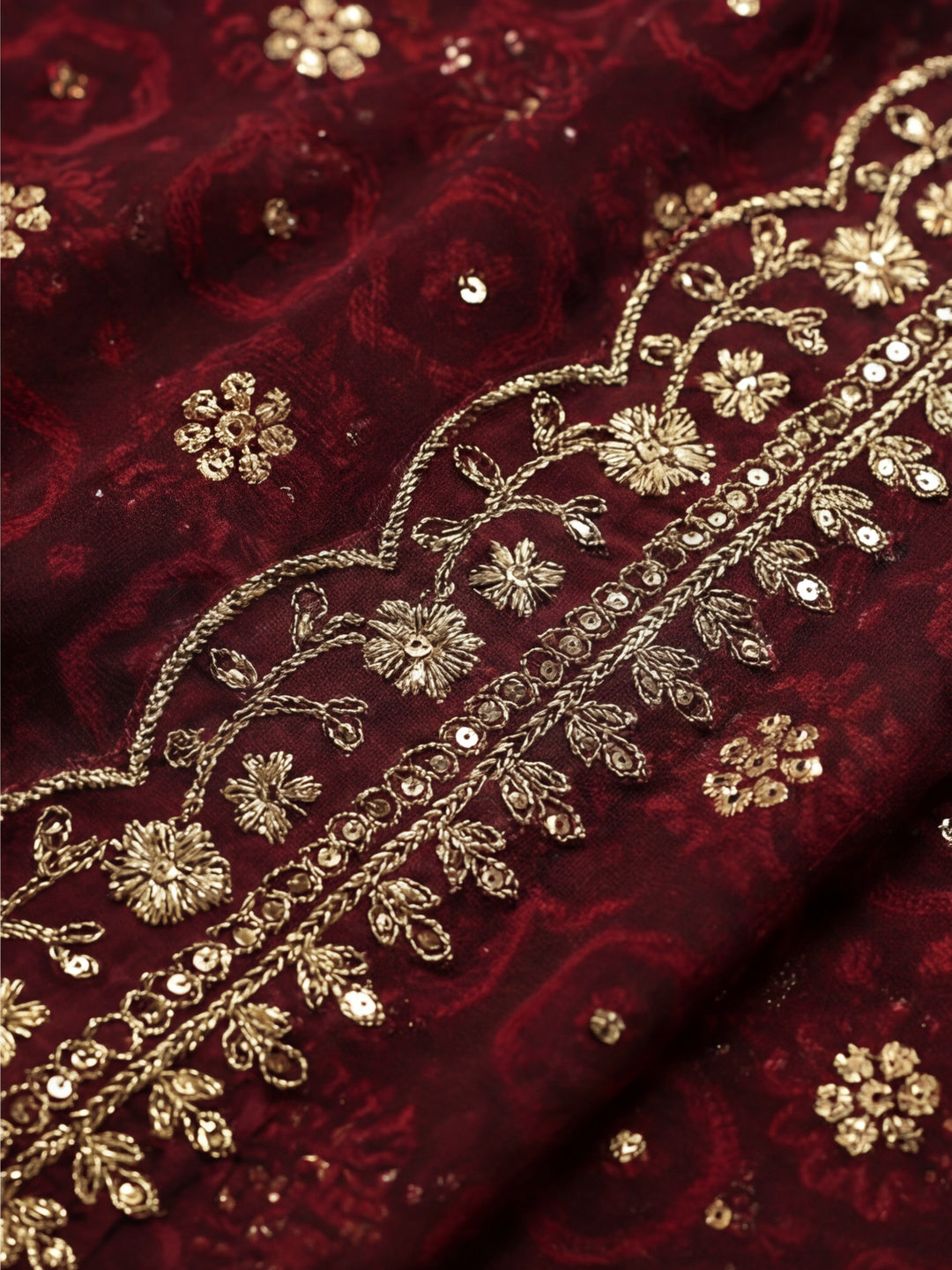 Wine Foil Printed Embroidered Pure Georgette Saree