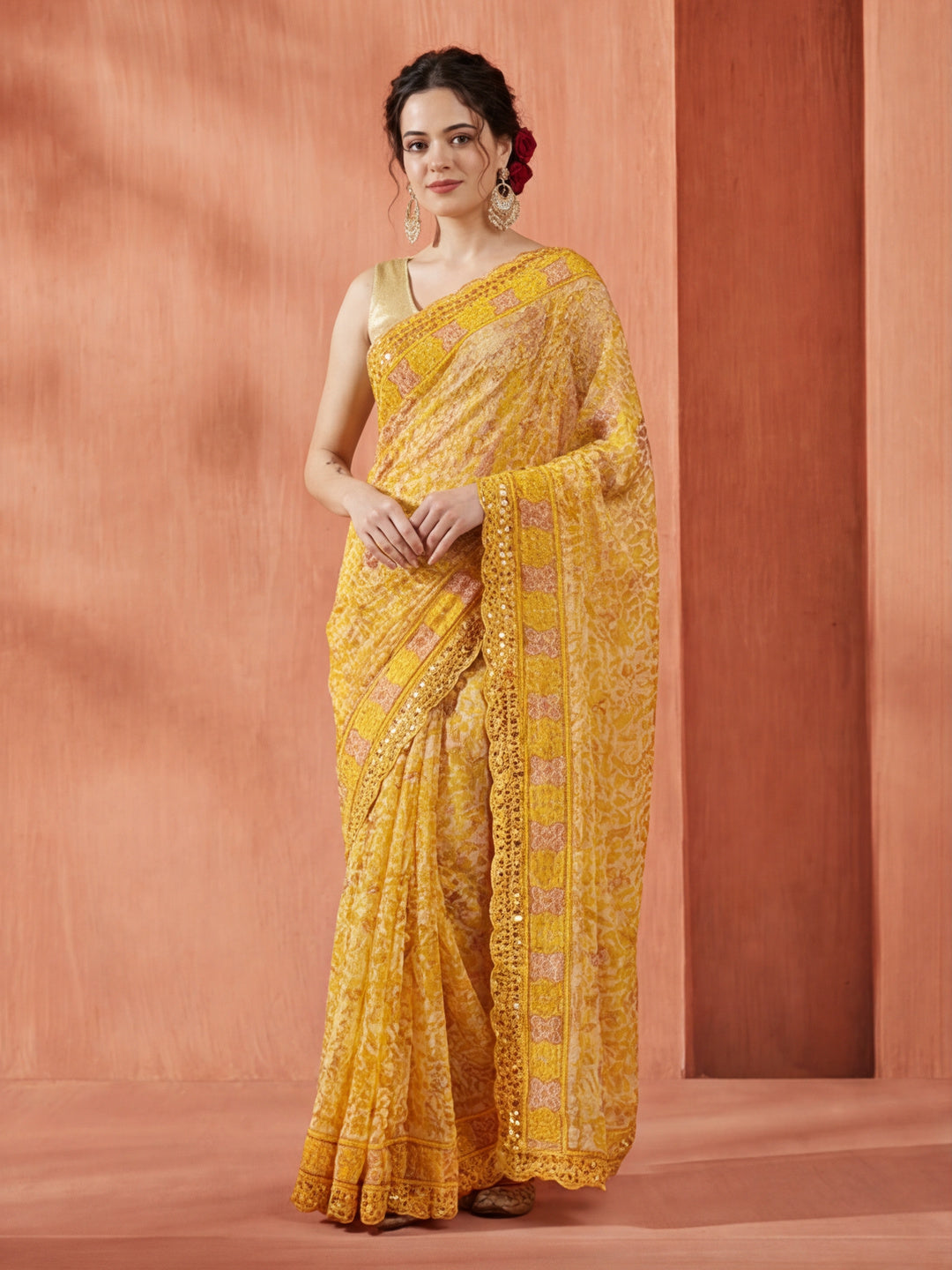 Sequin Embellished Tiger Printed Chiffon Saree
