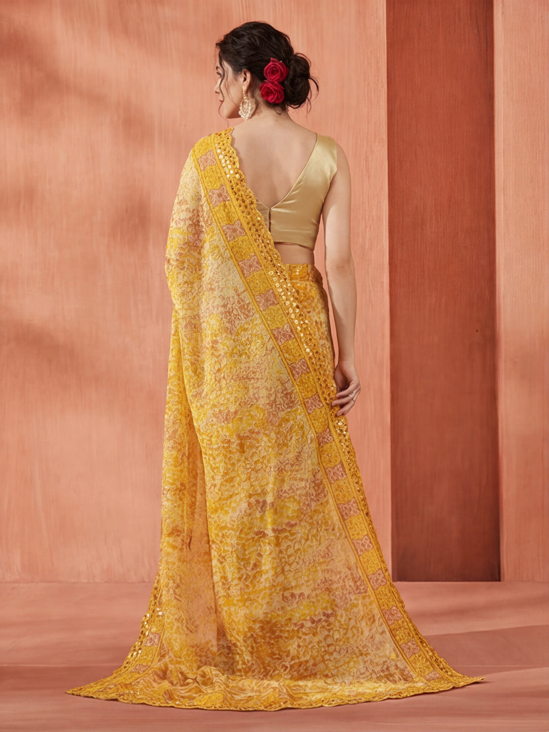 Sequin Embellished Tiger Printed Chiffon Saree