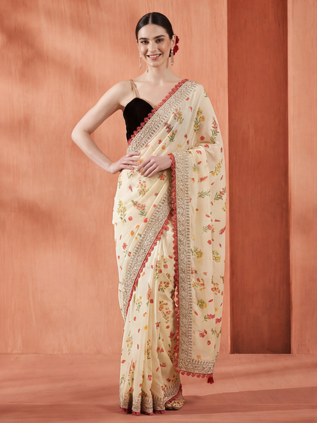 Fancy Chinon Printed With Embroidered Lace Saree