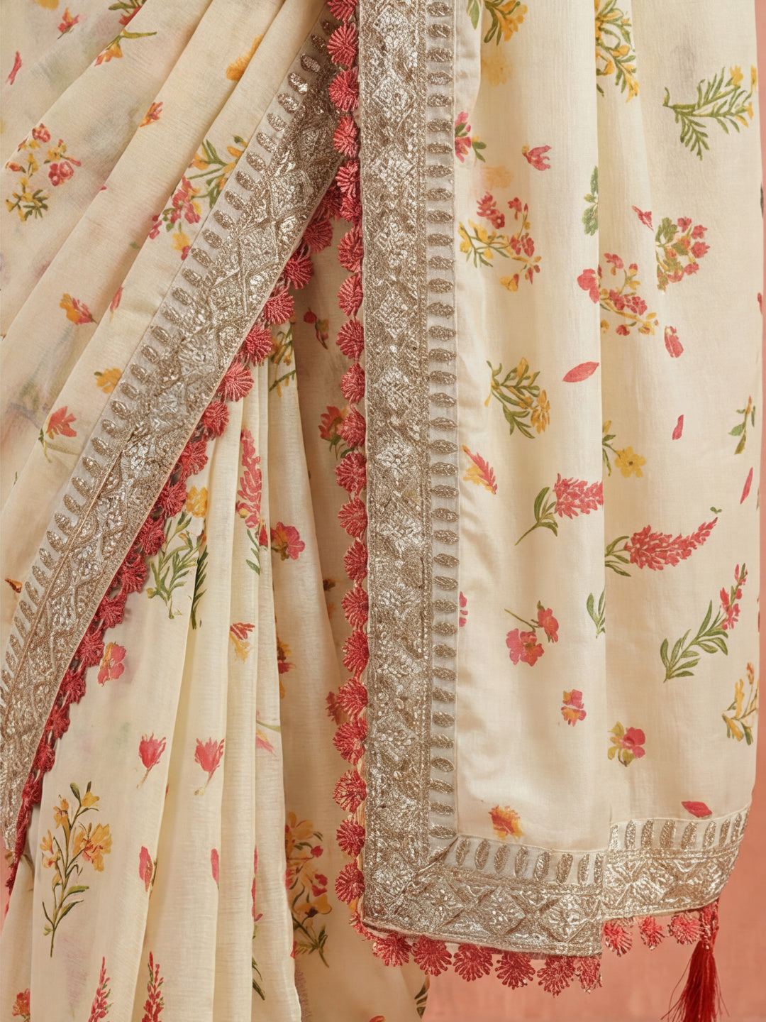 Fancy Chinon Printed With Embroidered Lace Saree