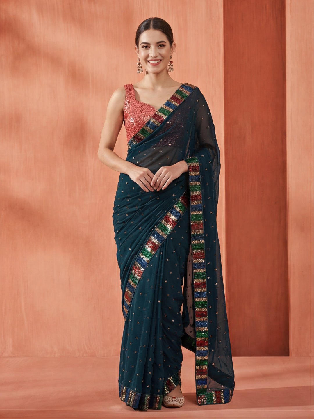 Party Wear Sequin Work Teal Georgette Saree
