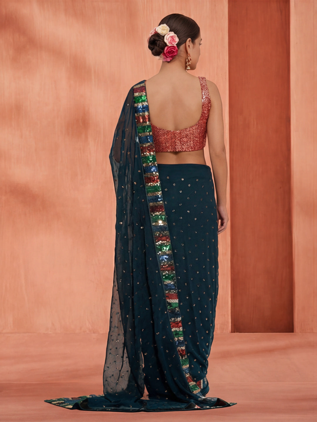 Party Wear Sequin Work Teal Georgette Saree