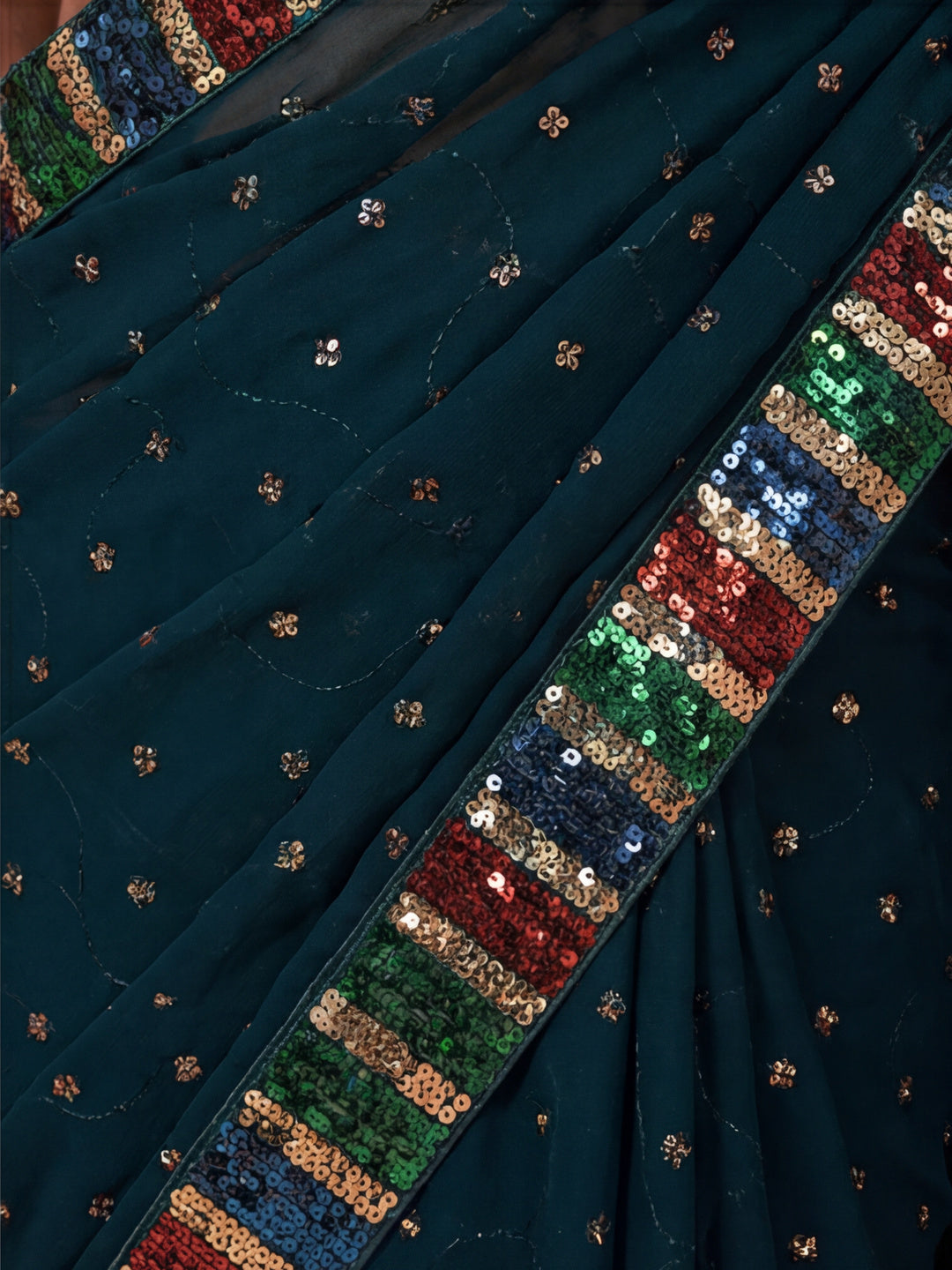 Party Wear Sequin Work Teal Georgette Saree