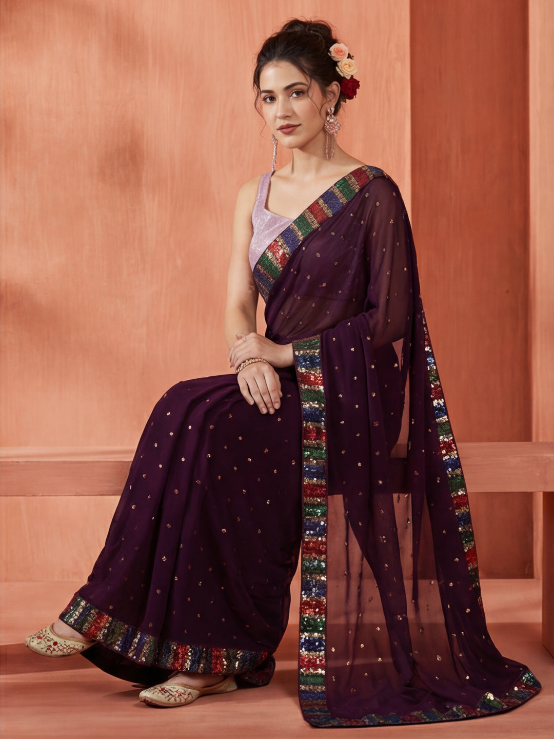 Party Wear Sequin Work Wine Georgette Saree