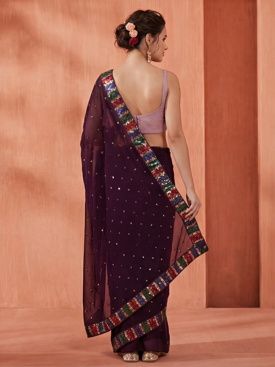 Party Wear Sequin Work Wine Georgette Saree