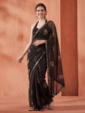 Pure Georgette Patola Mirror Black Saree