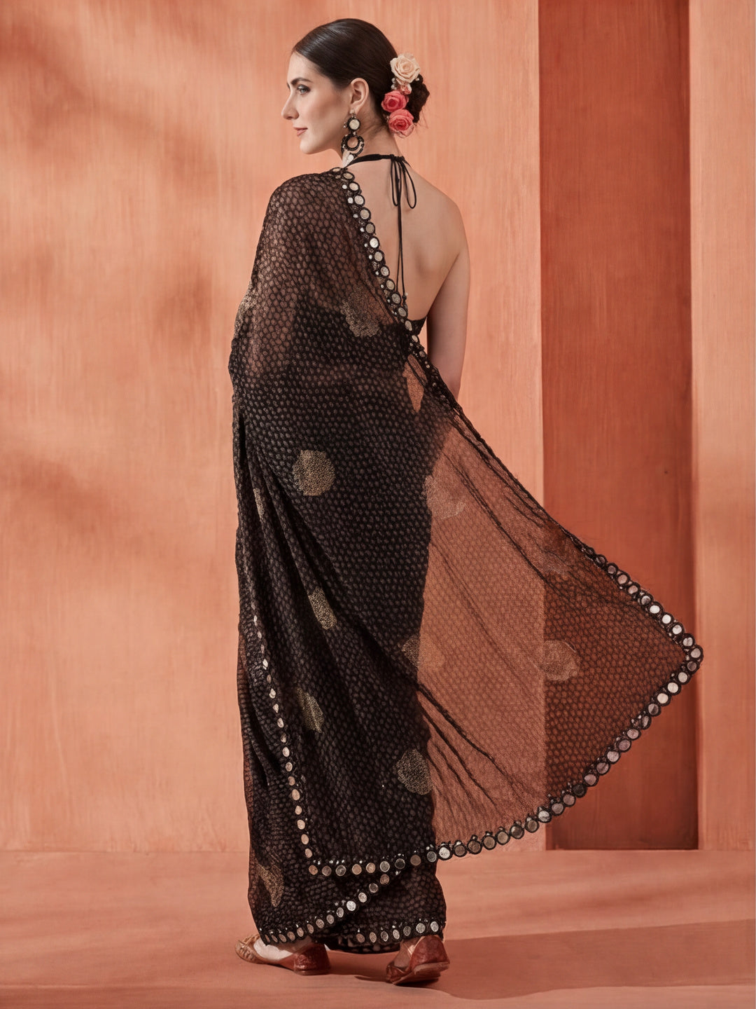 Pure Georgette Patola Mirror Black Saree