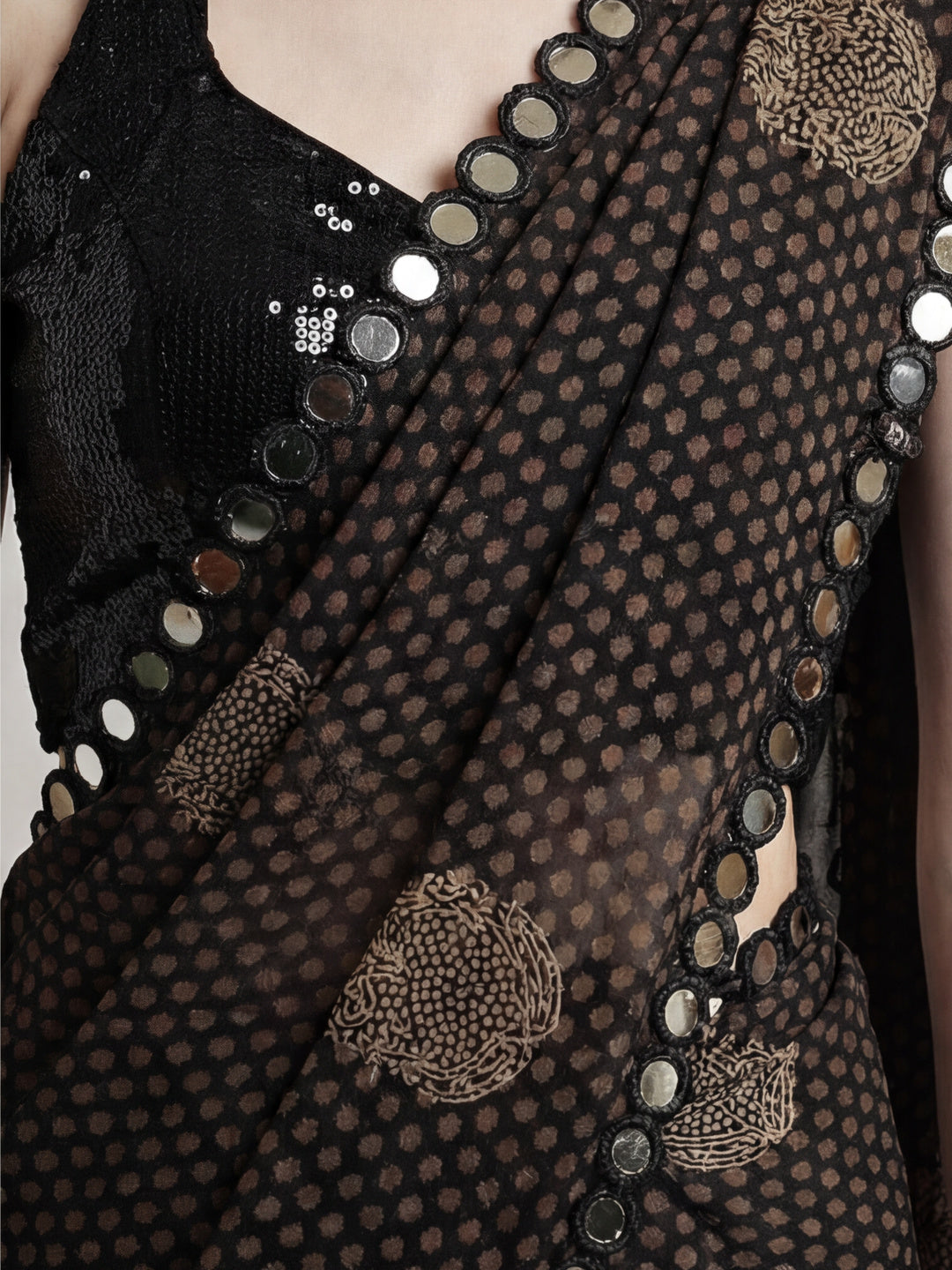 Pure Georgette Patola Mirror Black Saree