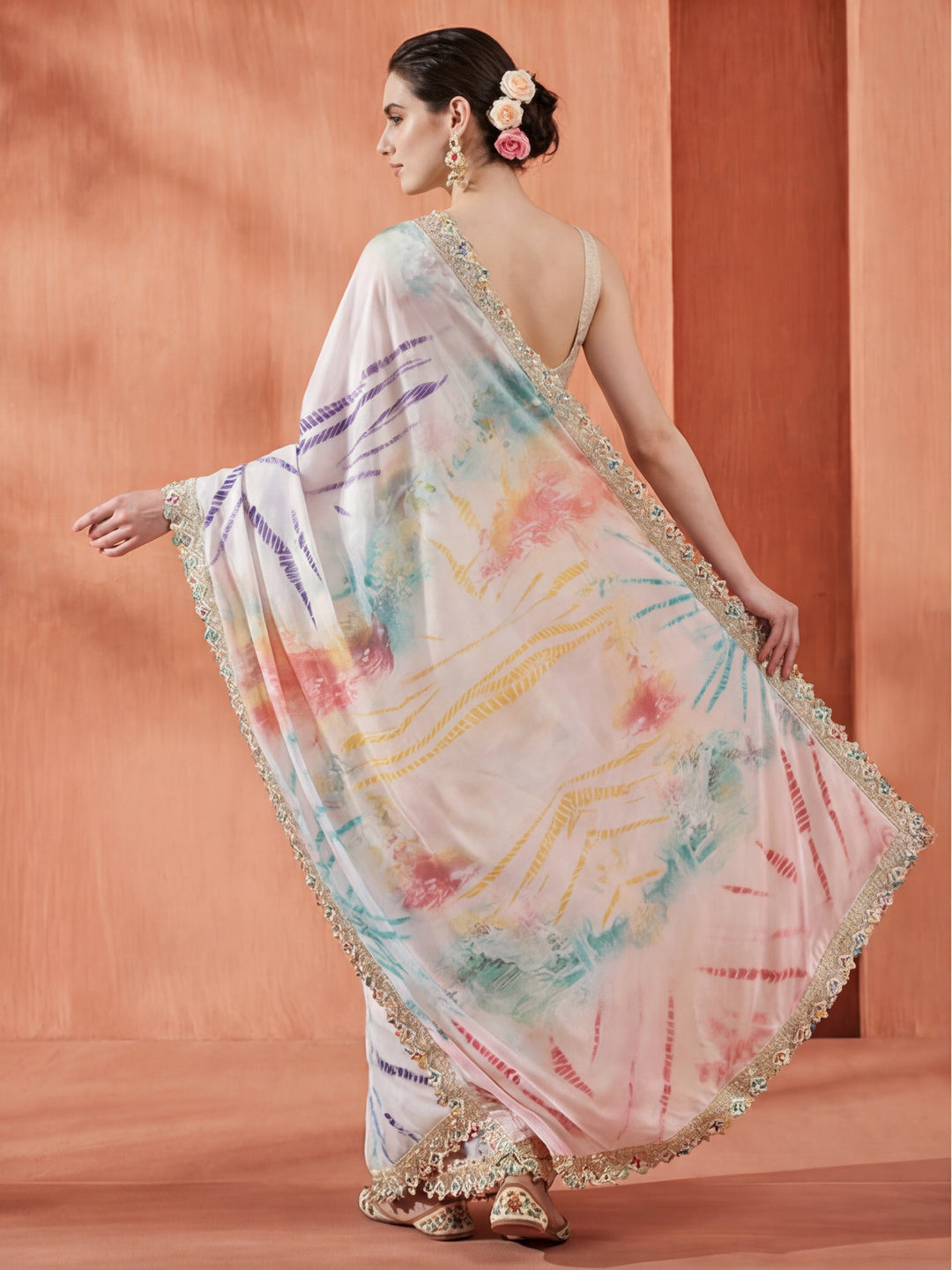 Multicolor Tie-Dye Satin Saree