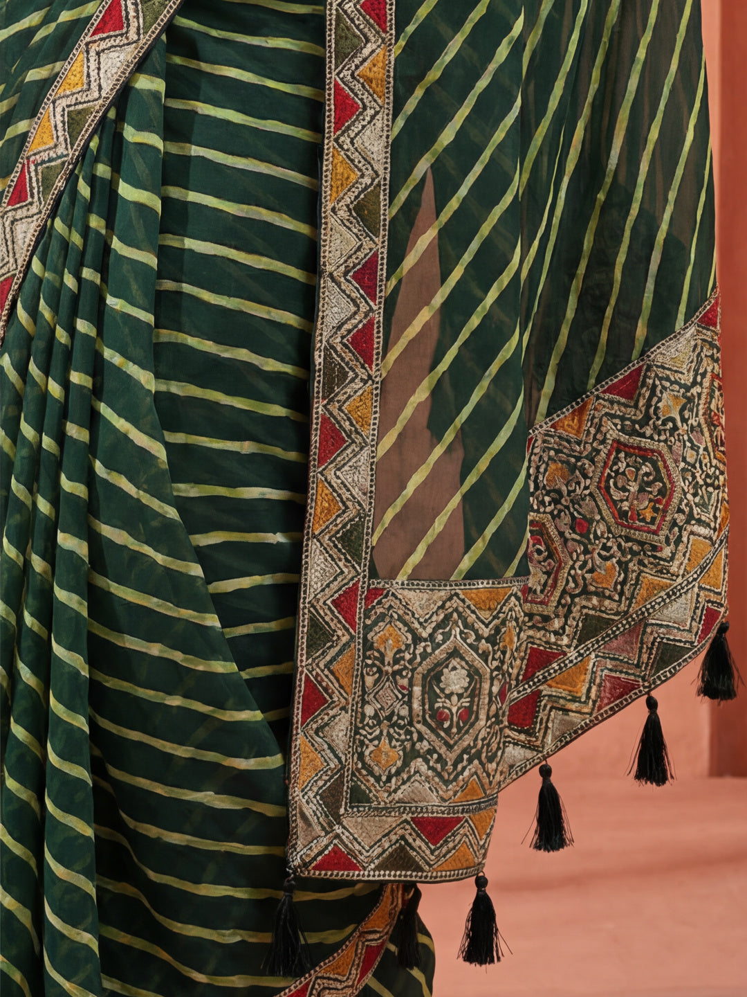 Green Leheriya Embroidered Pure Georgette Saree