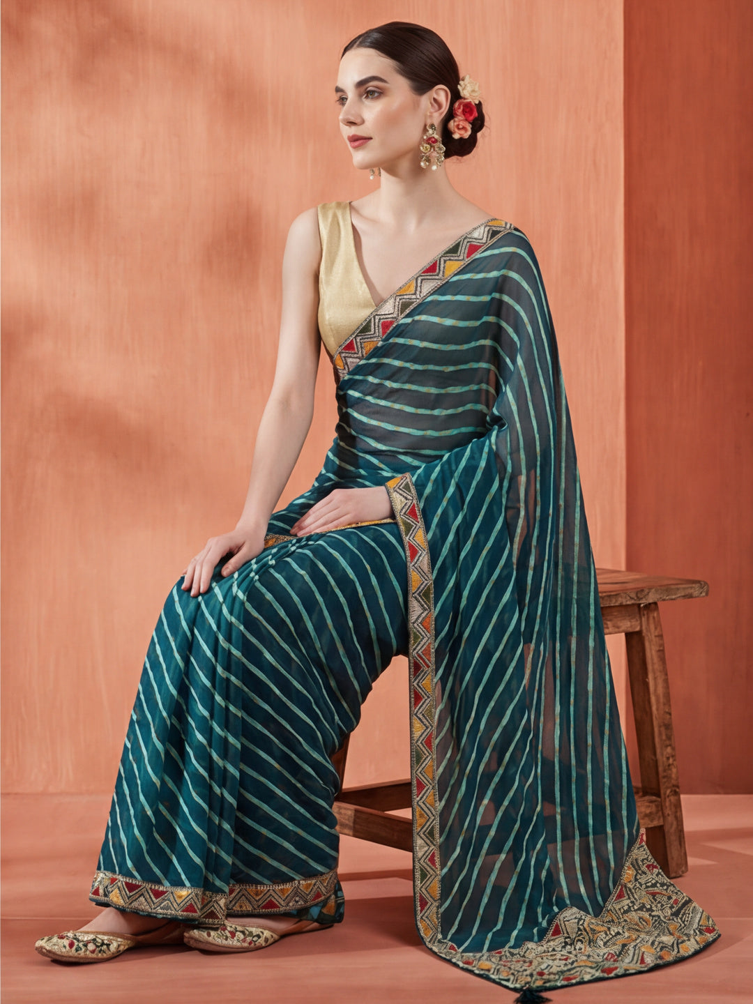 Teal Leheriya Embroidered Pure Georgette Saree