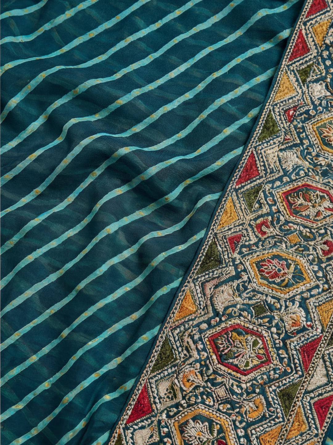 Teal Leheriya Embroidered Pure Georgette Saree