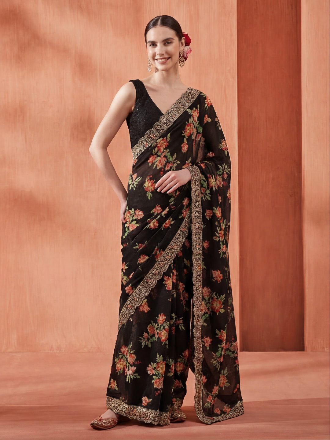 Floral Printed Party Wear Black Saree