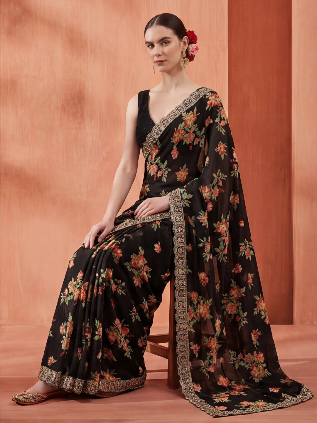 Floral Printed Party Wear Black Saree