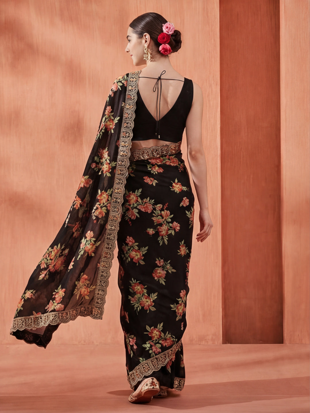Floral Printed Party Wear Black Saree