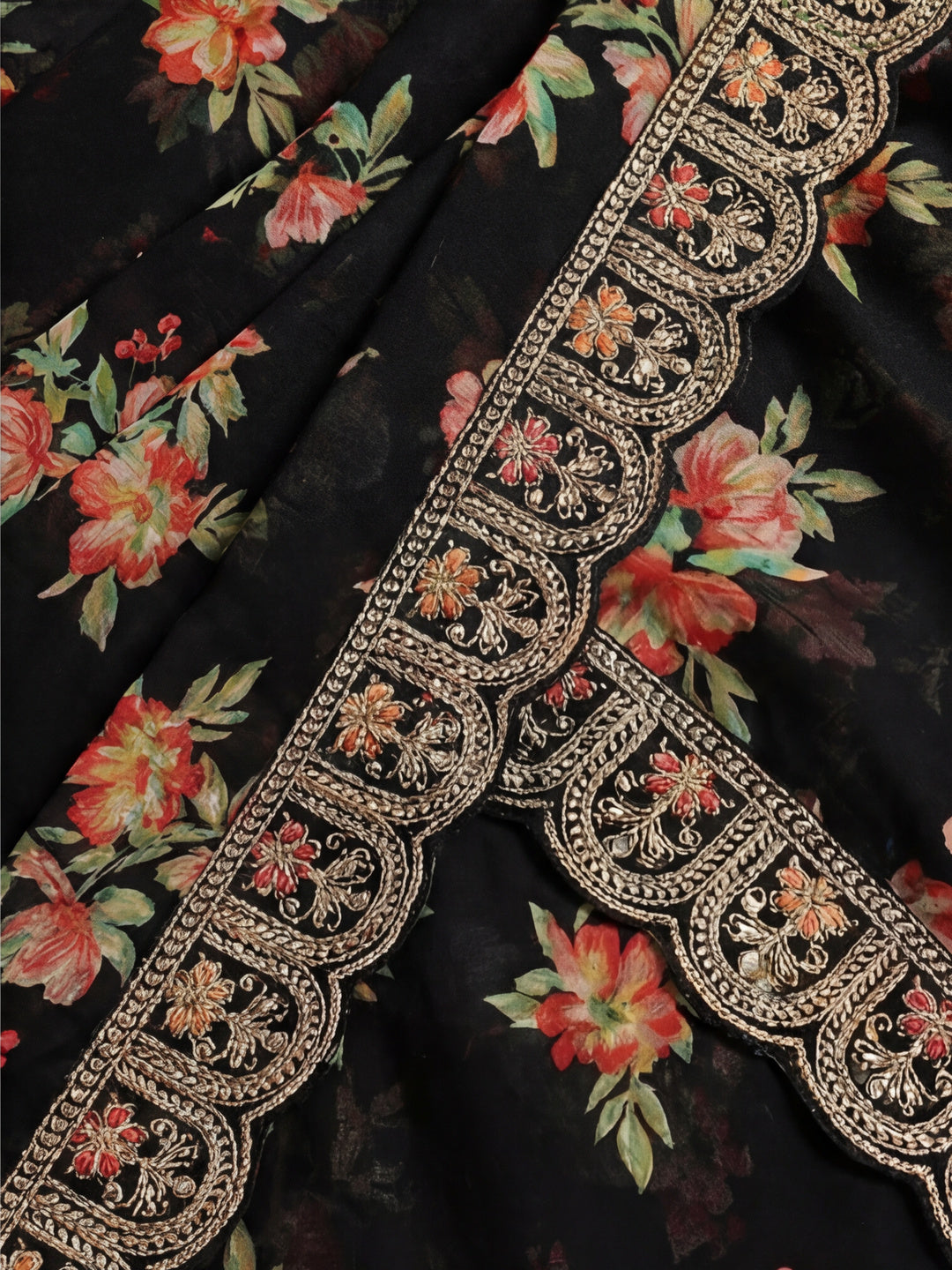 Floral Printed Party Wear Black Saree